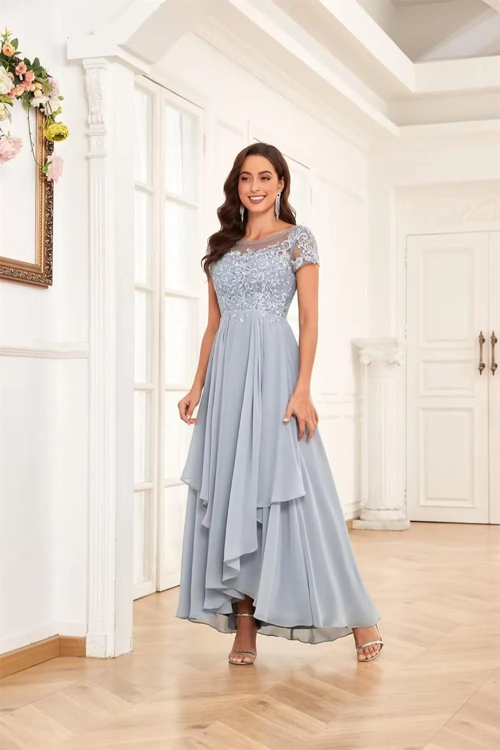 Mother of The Bride Dresses for Wedding Short Sleeve Lace Chiffon Ruched Formal Evening Dress