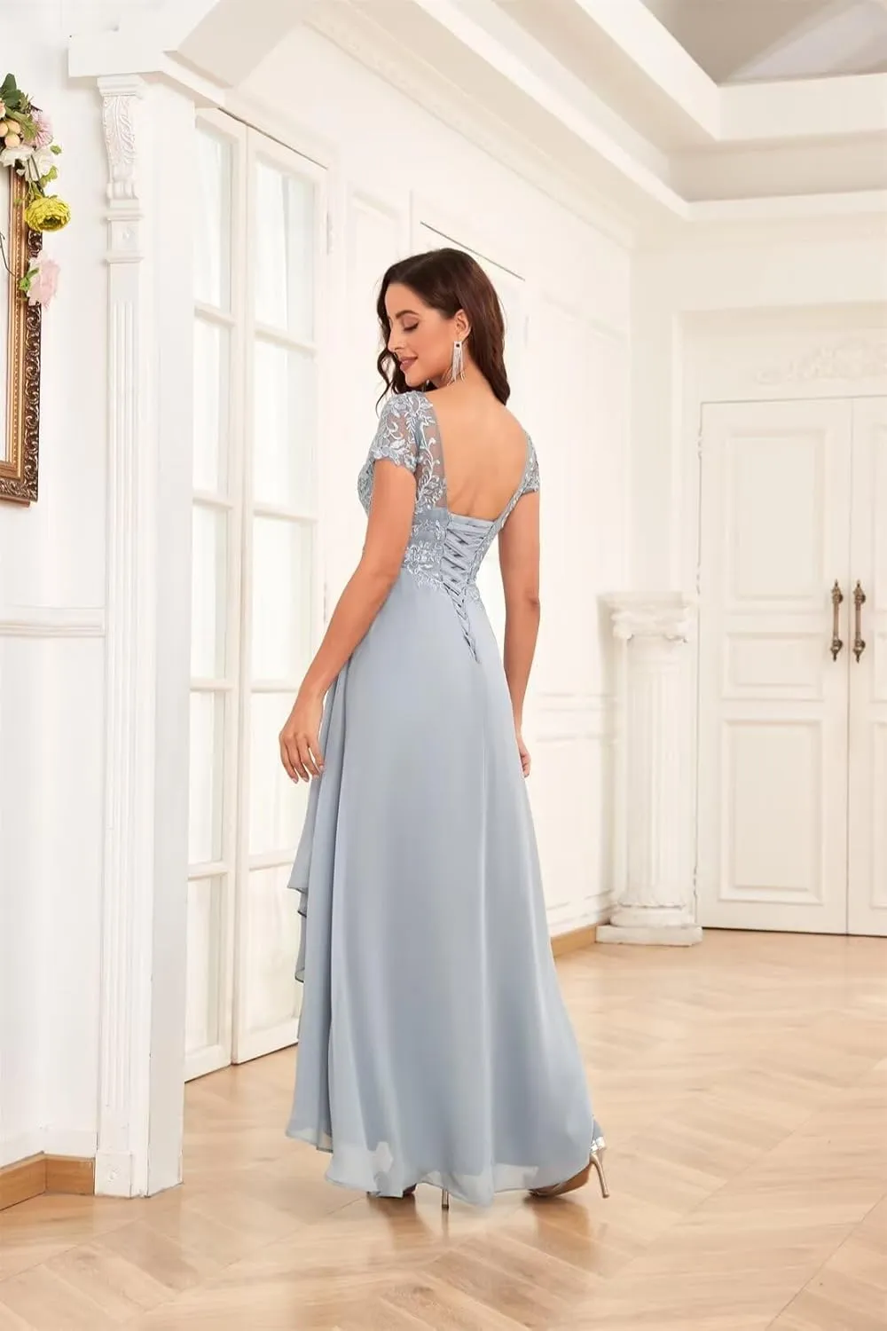 Mother of The Bride Dresses for Wedding Short Sleeve Lace Chiffon Ruched Formal Evening Dress