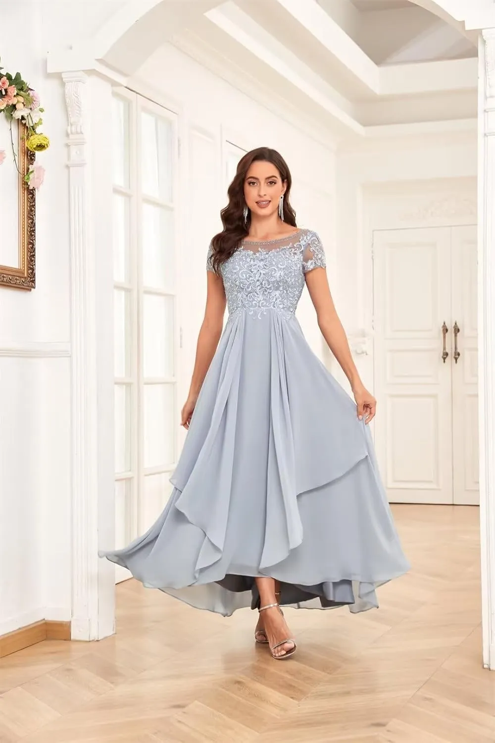 Mother of The Bride Dresses for Wedding Short Sleeve Lace Chiffon Ruched Formal Evening Dress