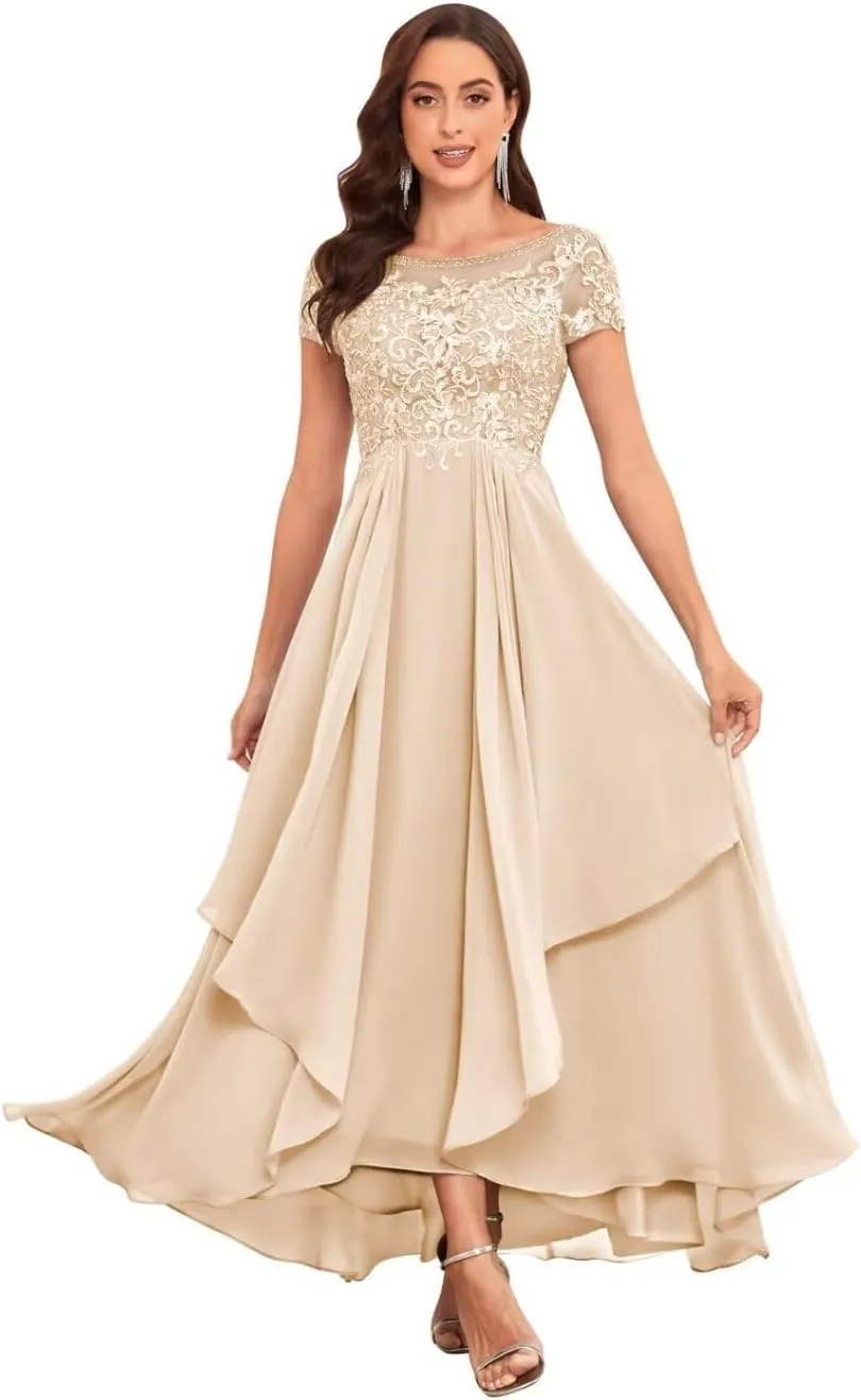 Mother of The Bride Dresses for Wedding Short Sleeve Lace Chiffon Ruched Formal Evening Dress