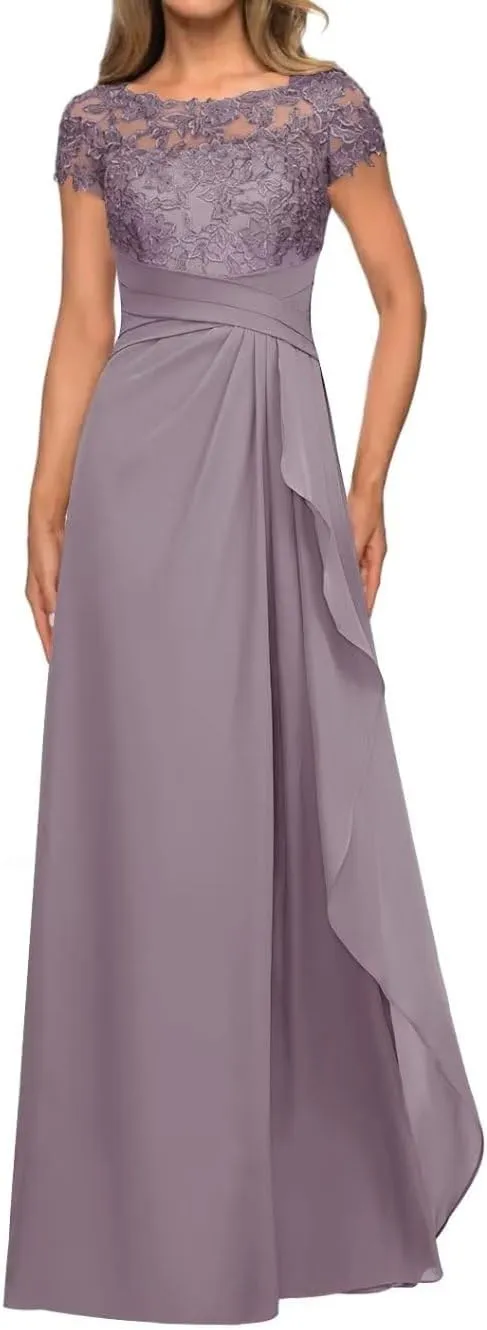 Mother of The Bride Dresses for Wedding with Cap Sleeves Lace Applique Chiffon Long Formal Prom Gowns for Women