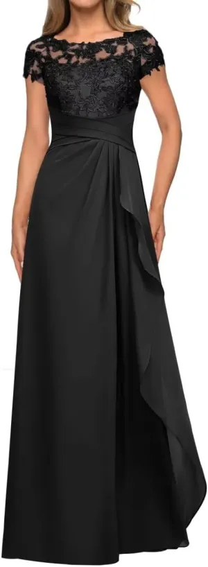 Mother of The Bride Dresses for Wedding with Cap Sleeves Lace Applique Chiffon Long Formal Prom Gowns for Women