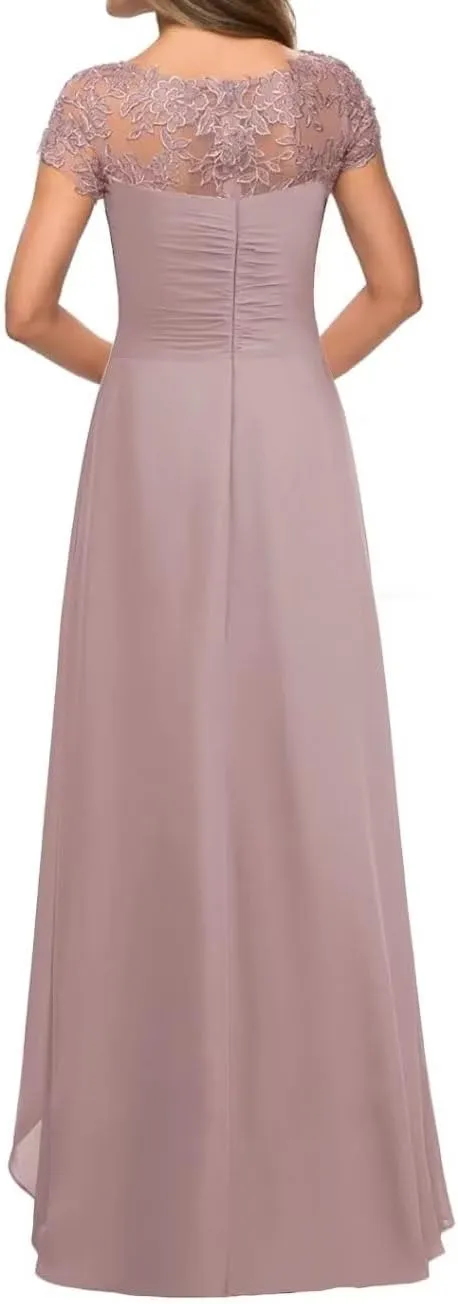 Mother of The Bride Dresses for Wedding with Cap Sleeves Lace Applique Chiffon Long Formal Prom Gowns for Women