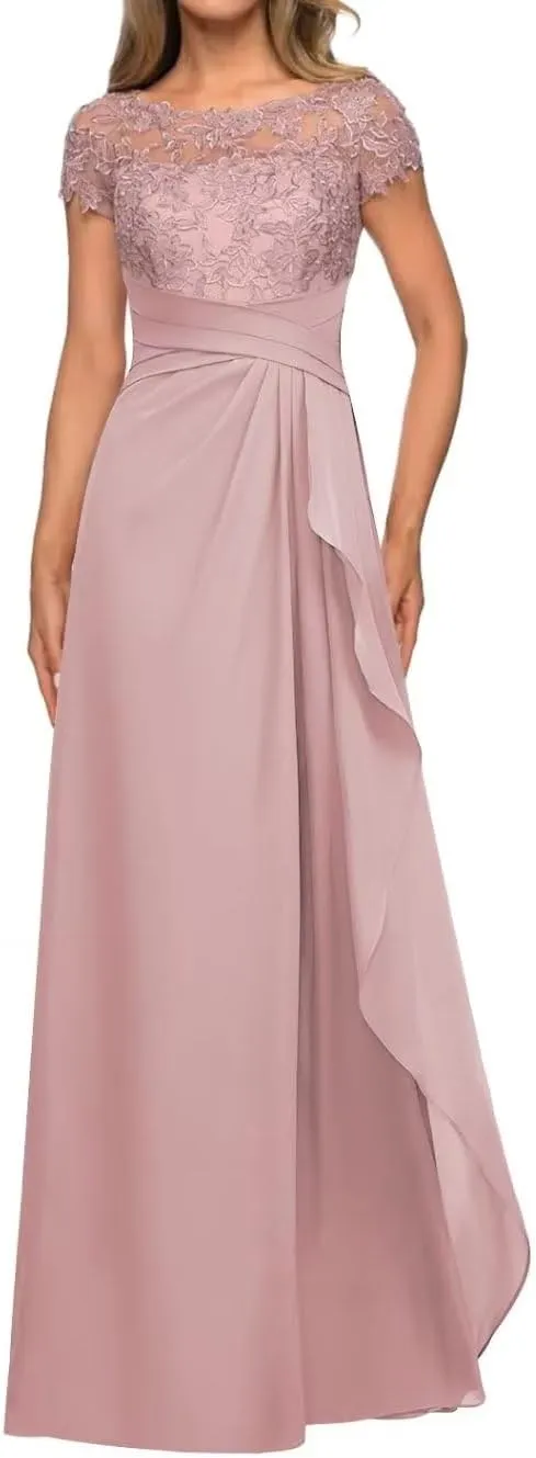 Mother of The Bride Dresses for Wedding with Cap Sleeves Lace Applique Chiffon Long Formal Prom Gowns for Women