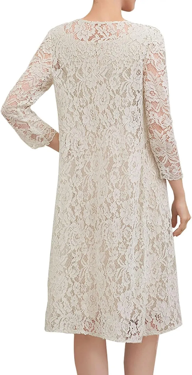 Mother of The Bride Dresses with Jacket Lace Chiffon Wedding Guest Dresses for Women Short Evening Dress