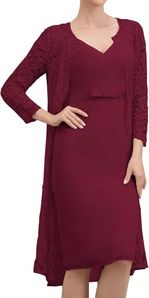 Mother of The Bride Dresses with Jacket Lace Chiffon Wedding Guest Dresses for Women Short Evening Dress