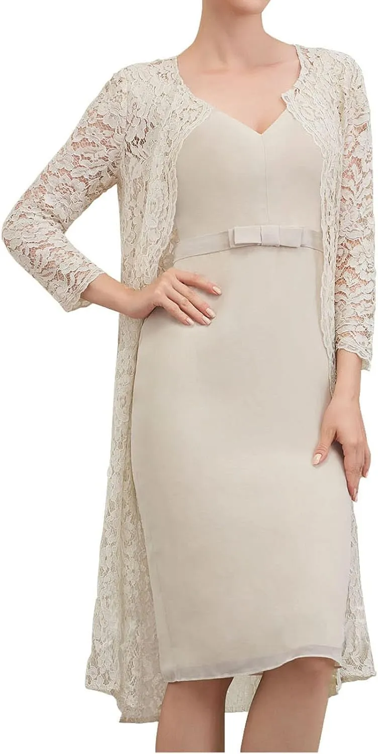 Mother of The Bride Dresses with Jacket Lace Chiffon Wedding Guest Dresses for Women Short Evening Dress
