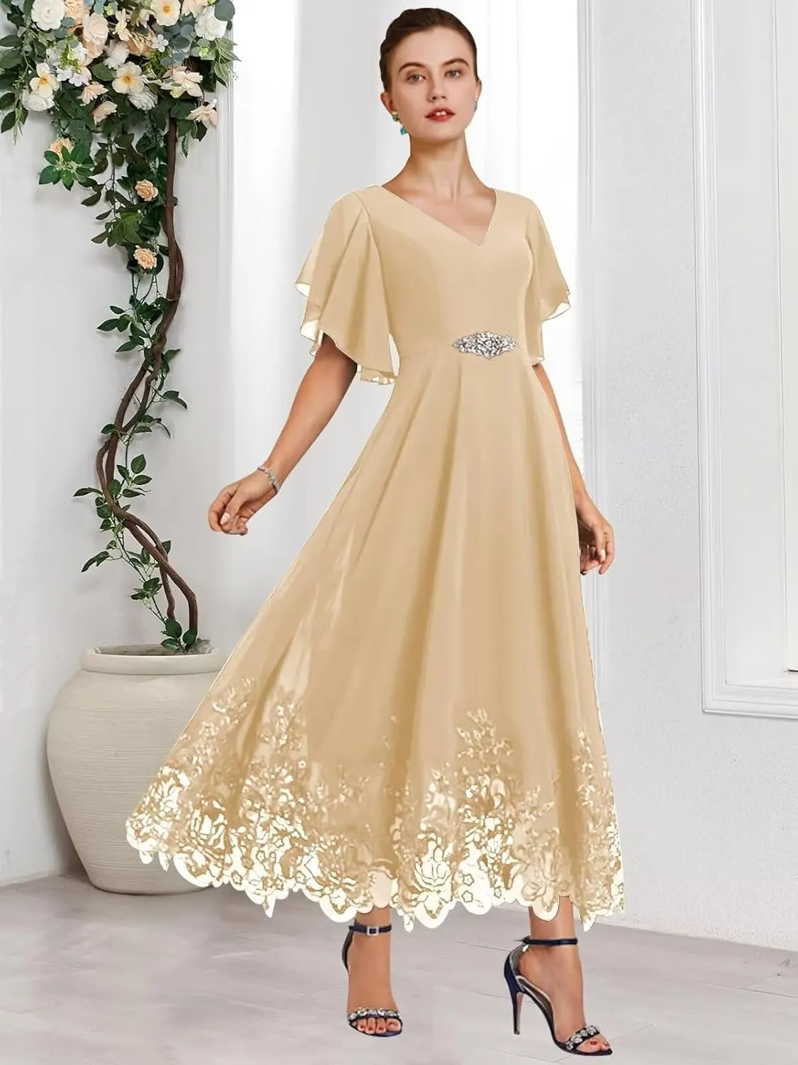 Mother of The Bride Dresses with Sleeves Lace V Neck Chiffon Evening Dresses for Women Tea Length