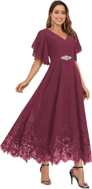 Mother of The Bride Dresses with Sleeves Lace V Neck Chiffon Evening Dresses for Women Tea Length