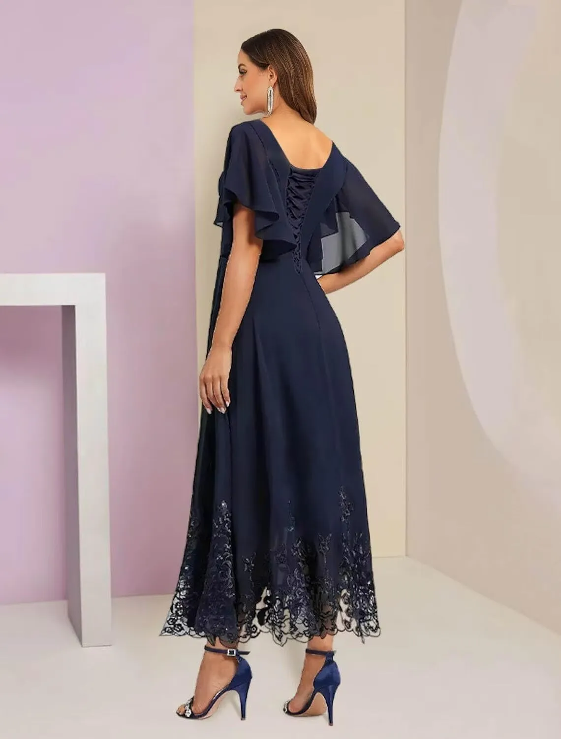 Mother of The Bride Dresses with Sleeves Lace V Neck Chiffon Evening Dresses for Women Tea Length