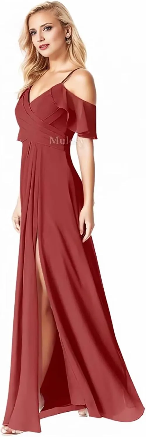 Mulesy Cold Shoulder Bridesmaid Dresses for Women Wedding Party Dress V-Neck Chiffon Formal Evening Gowns with Slit