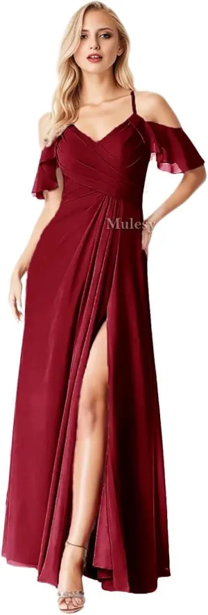 Mulesy Cold Shoulder Bridesmaid Dresses for Women Wedding Party Dress V-Neck Chiffon Formal Evening Gowns with Slit