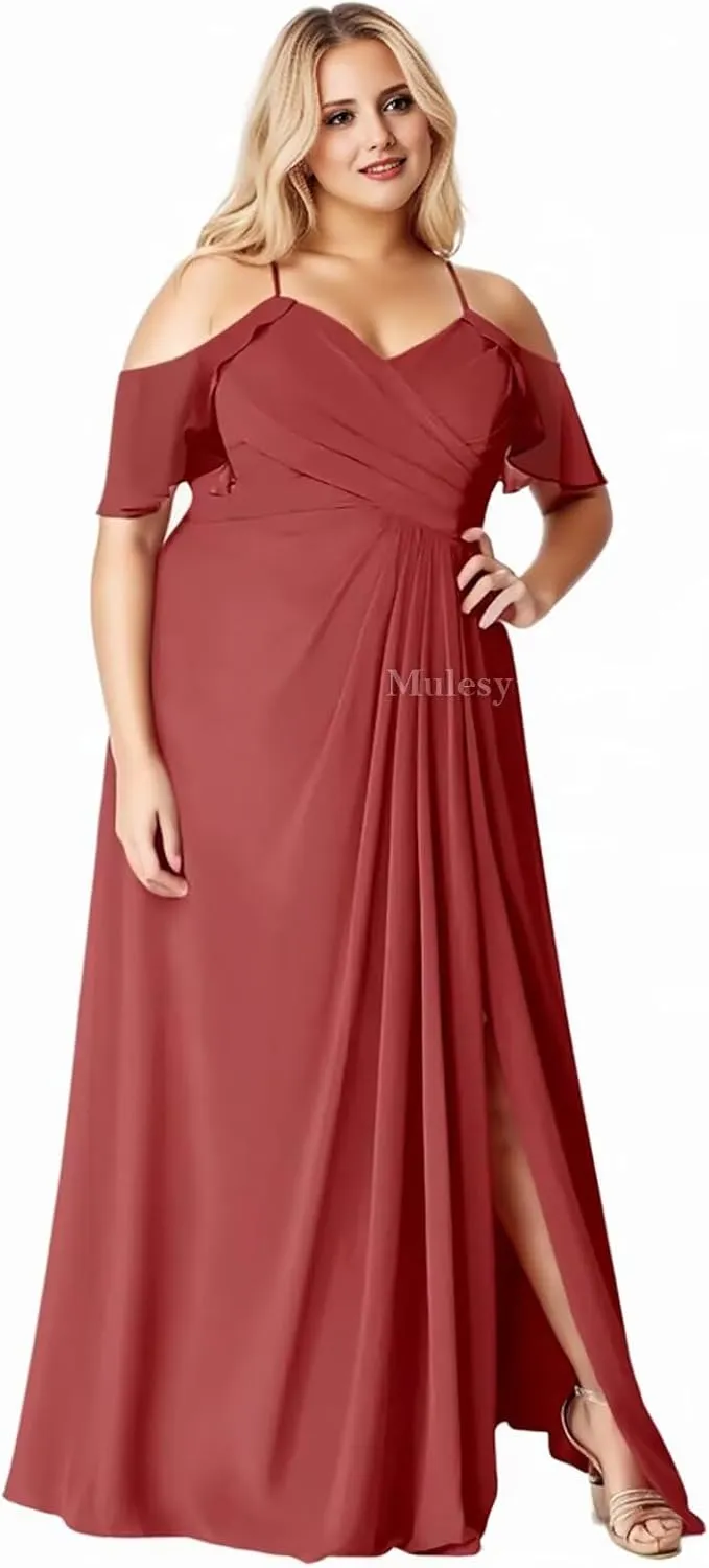 Mulesy Cold Shoulder Bridesmaid Dresses for Women Wedding Party Dress V-Neck Chiffon Formal Evening Gowns with Slit