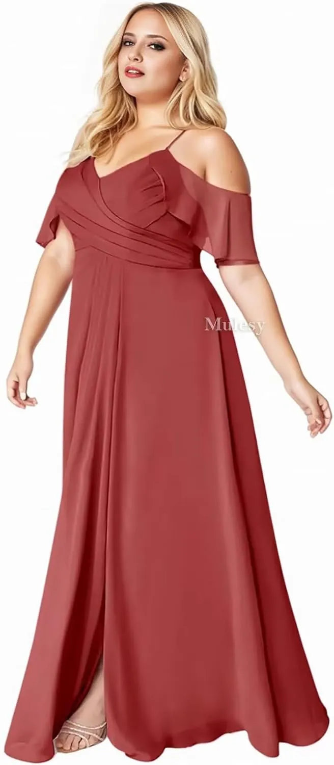 Mulesy Cold Shoulder Bridesmaid Dresses for Women Wedding Party Dress V-Neck Chiffon Formal Evening Gowns with Slit