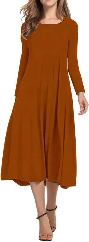 Necooer Women's Casual Loose Plain Pleated Long Dress Short Sleeve Midi Dresses