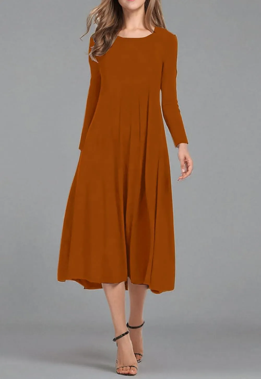 Necooer Women's Casual Loose Plain Pleated Long Dress Short Sleeve Midi Dresses
