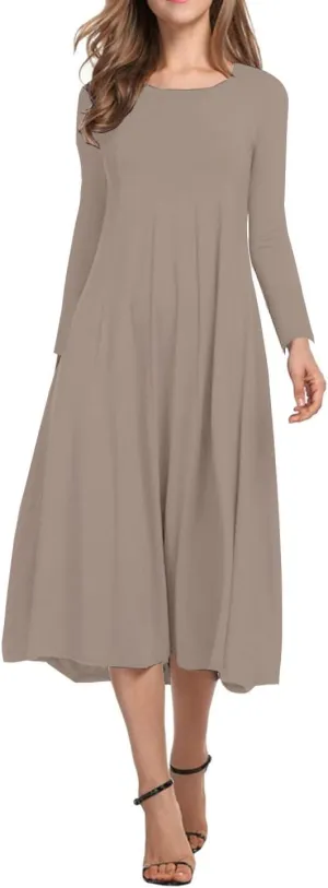 Necooer Women's Casual Loose Plain Pleated Long Dress Short Sleeve Midi Dresses