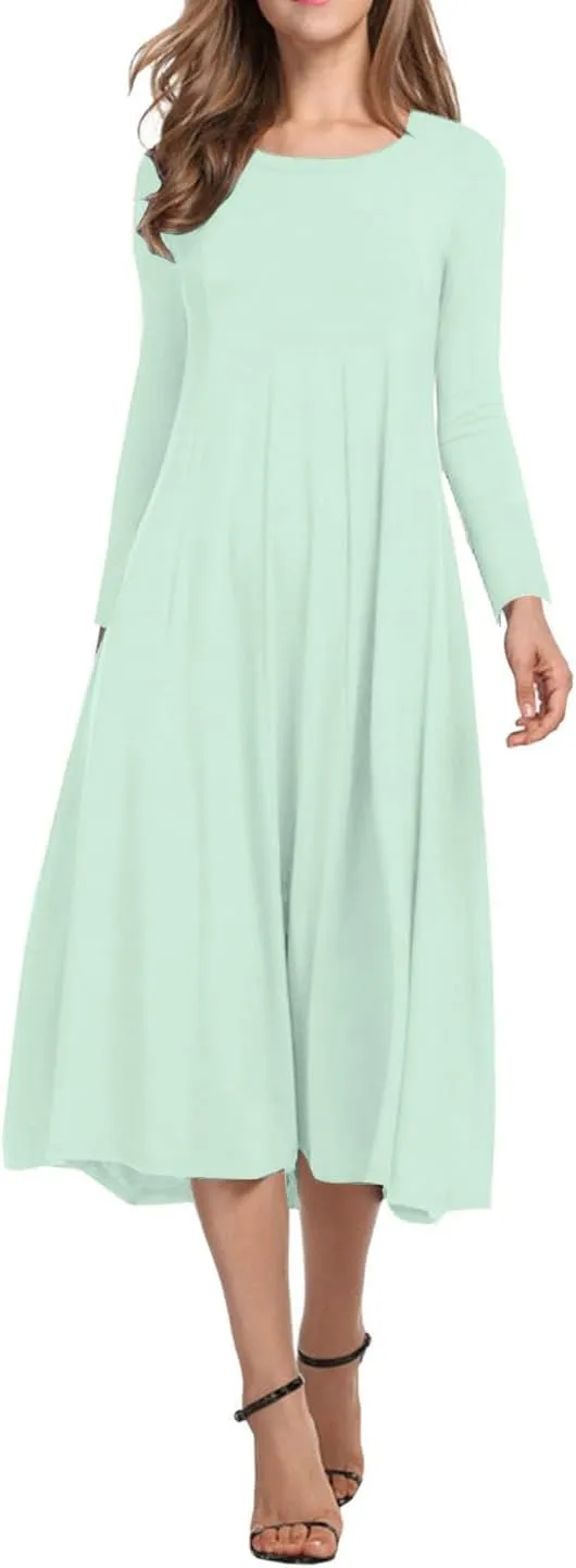 Necooer Women's Casual Loose Plain Pleated Long Dress Short Sleeve Midi Dresses