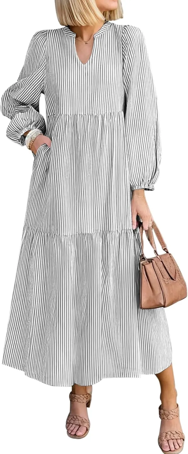 NENONA Women's 2025 Striped Long Sleeve Spring Maxi Dress V Neck Casual Flowy Lightweight Beach Vacation Dresses with Pockets