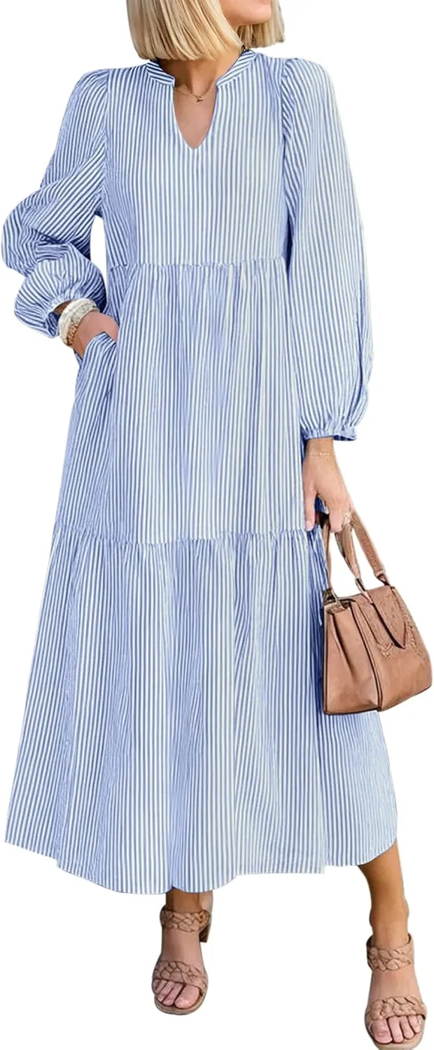NENONA Women's 2025 Striped Long Sleeve Spring Maxi Dress V Neck Casual Flowy Lightweight Beach Vacation Dresses with Pockets