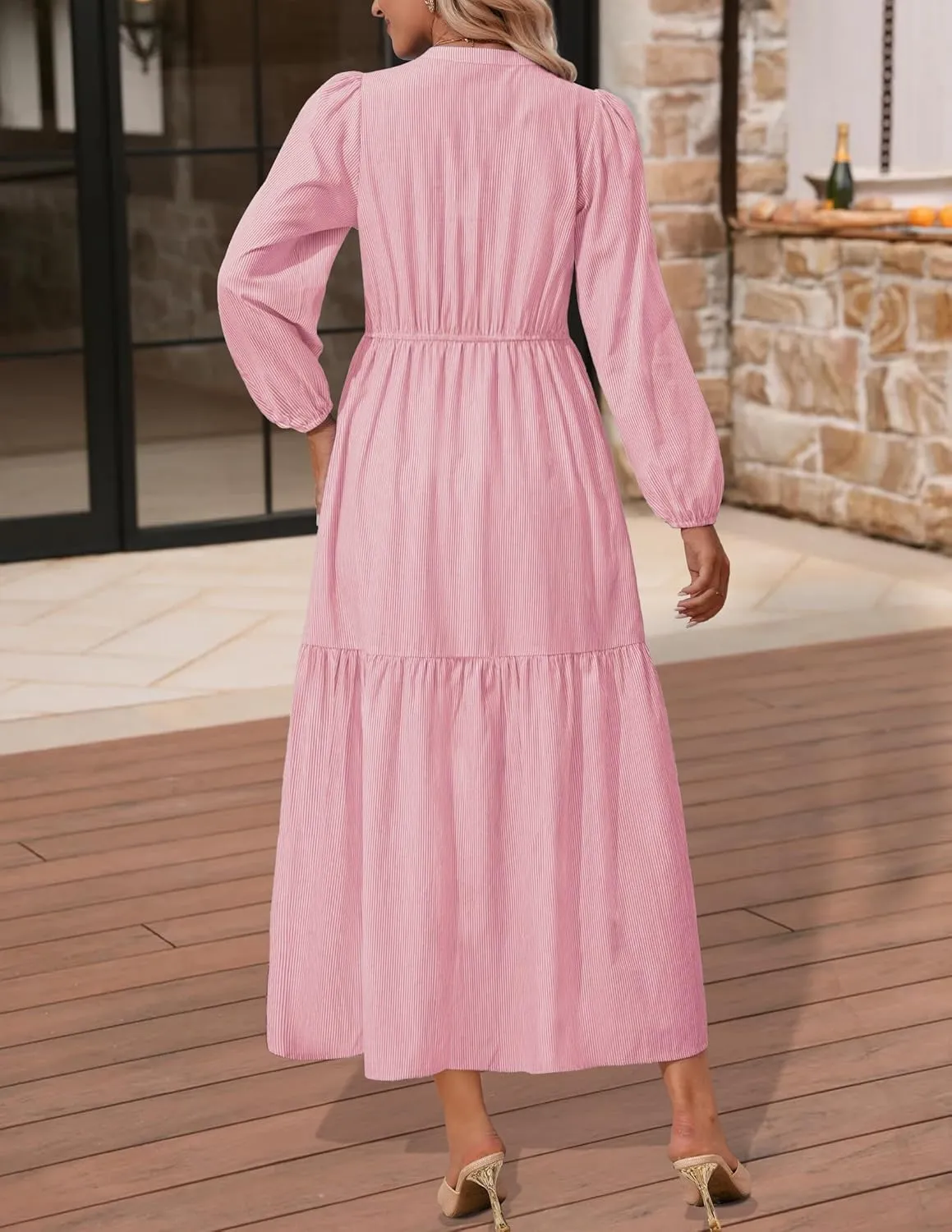 NENONA Women's 2025 Striped Long Sleeve Spring Maxi Dress V Neck Casual Flowy Lightweight Beach Vacation Dresses with Pockets
