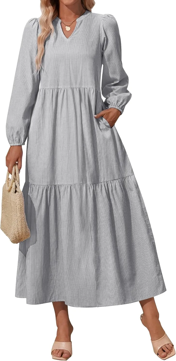 NENONA Women's 2025 Striped Long Sleeve Spring Maxi Dress V Neck Casual Flowy Lightweight Beach Vacation Dresses with Pockets