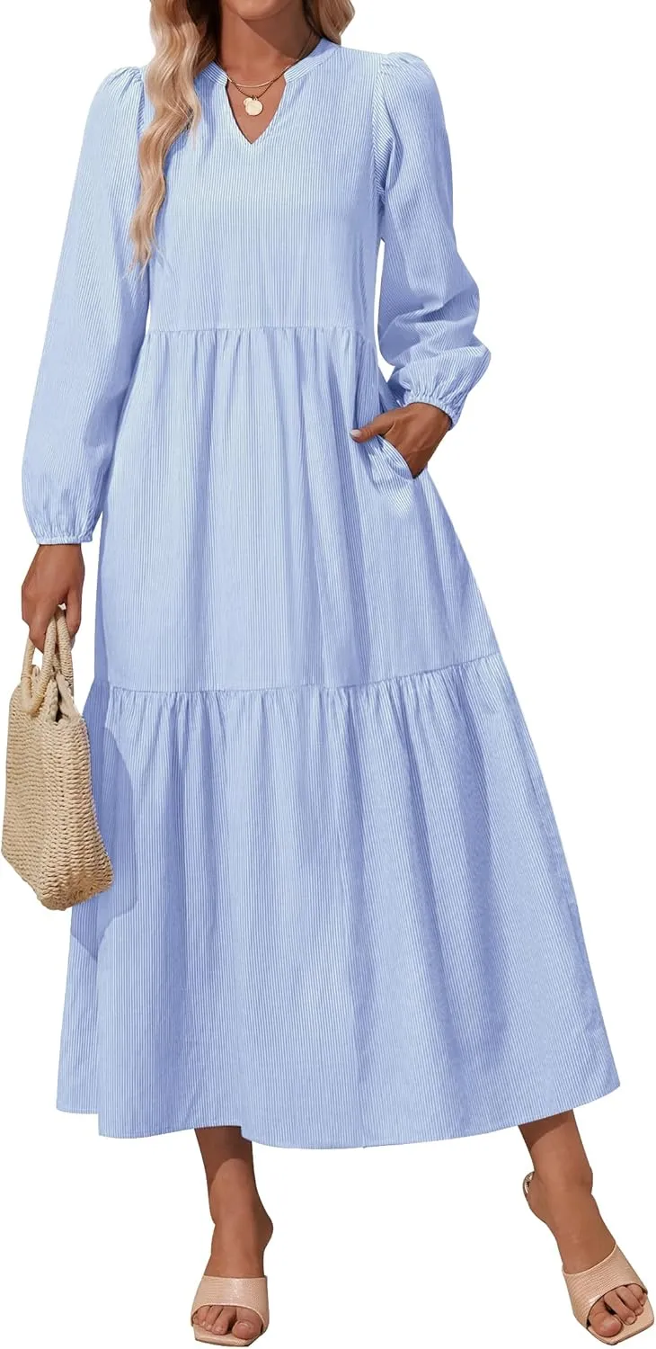 NENONA Women's 2025 Striped Long Sleeve Spring Maxi Dress V Neck Casual Flowy Lightweight Beach Vacation Dresses with Pockets