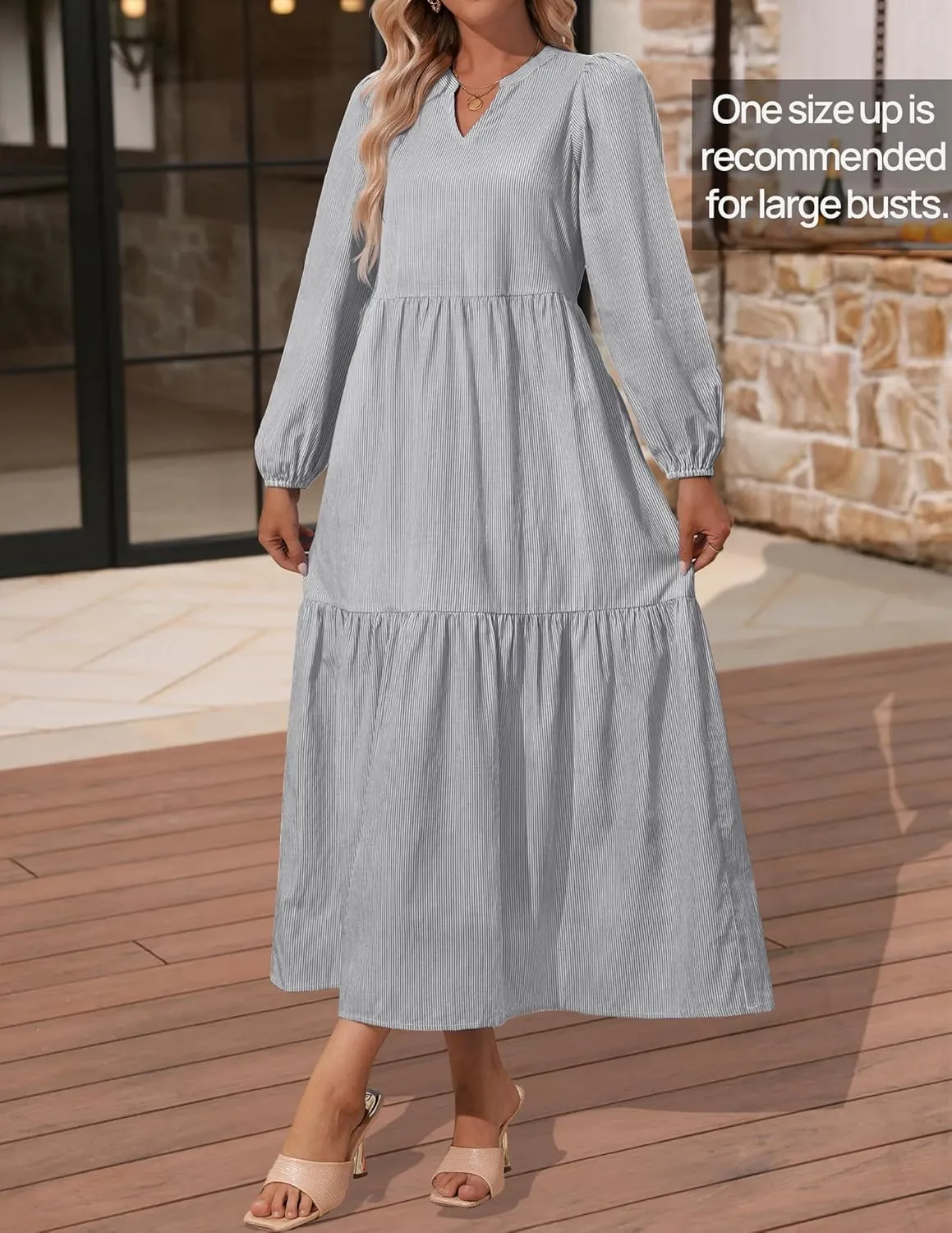NENONA Women's 2025 Striped Long Sleeve Spring Maxi Dress V Neck Casual Flowy Lightweight Beach Vacation Dresses with Pockets