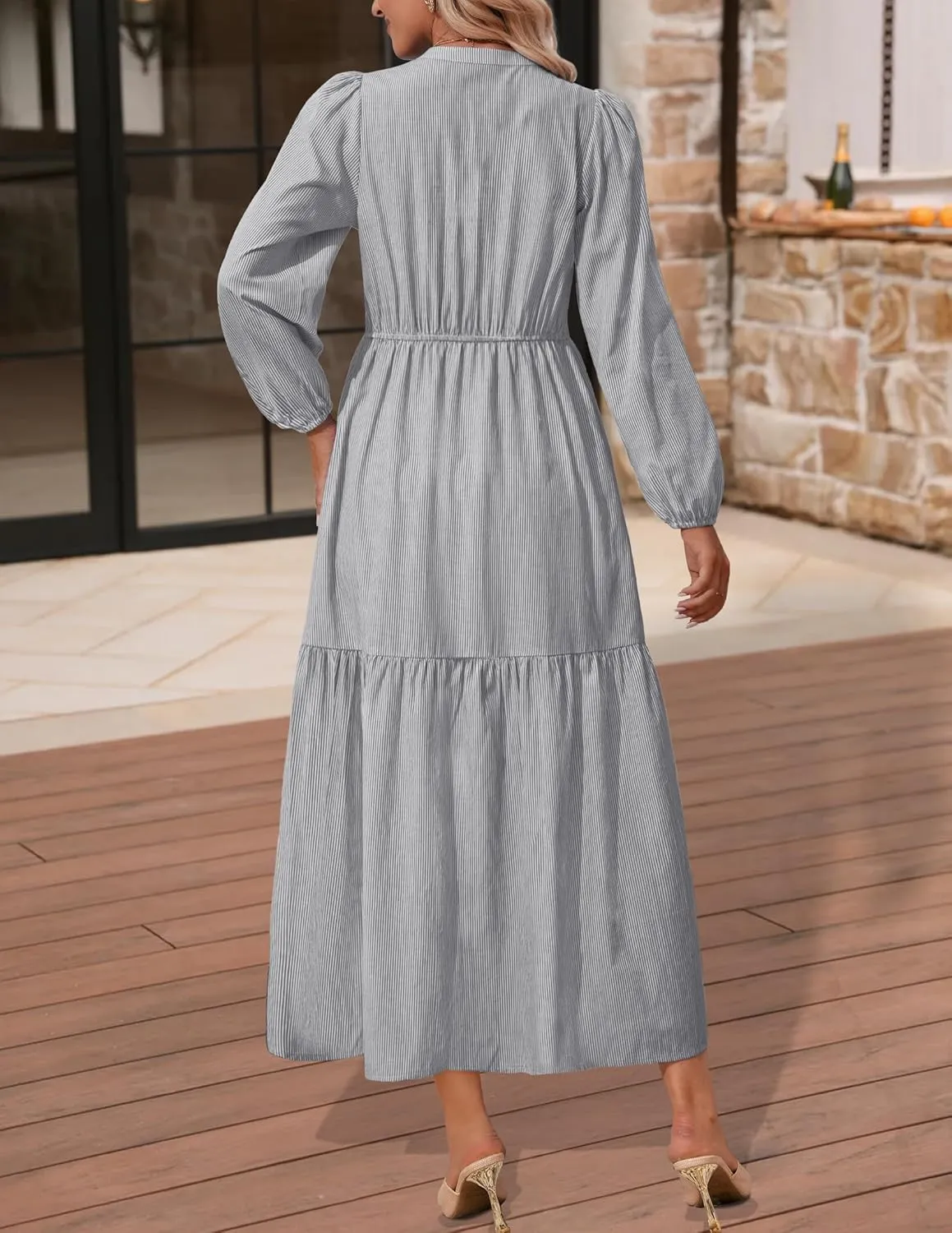 NENONA Women's 2025 Striped Long Sleeve Spring Maxi Dress V Neck Casual Flowy Lightweight Beach Vacation Dresses with Pockets