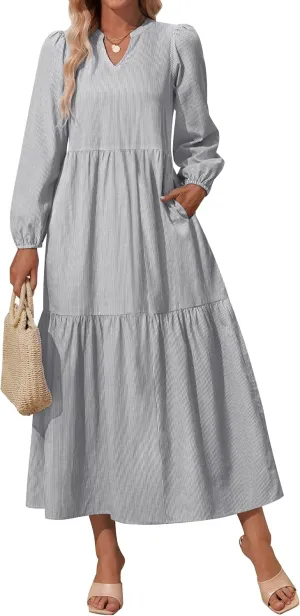 NENONA Women's 2025 Striped Long Sleeve Spring Maxi Dress V Neck Casual Flowy Lightweight Beach Vacation Dresses with Pockets