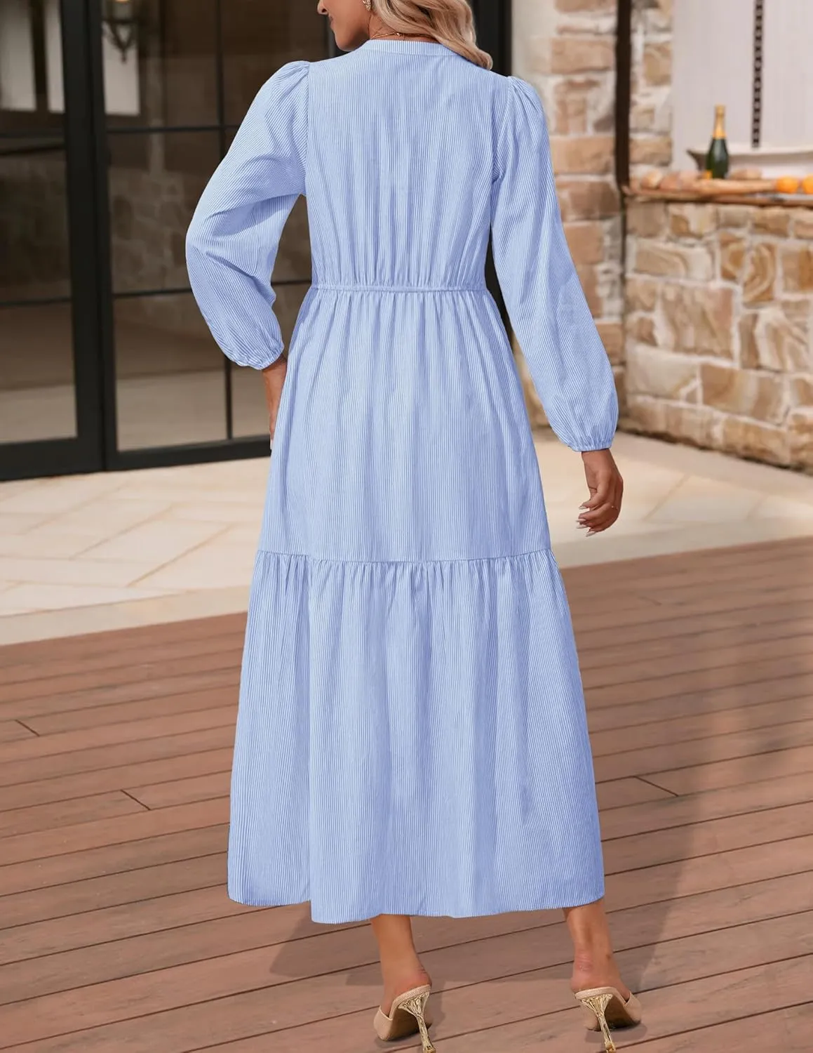 NENONA Women's 2025 Striped Long Sleeve Spring Maxi Dress V Neck Casual Flowy Lightweight Beach Vacation Dresses with Pockets