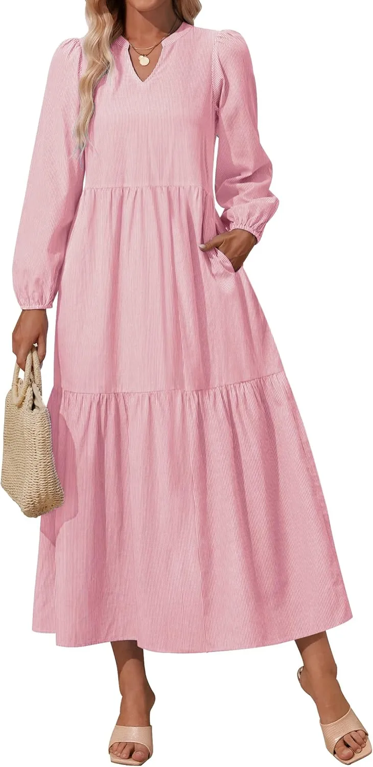 NENONA Women's 2025 Striped Long Sleeve Spring Maxi Dress V Neck Casual Flowy Lightweight Beach Vacation Dresses with Pockets