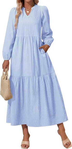 NENONA Women's 2025 Striped Long Sleeve Spring Maxi Dress V Neck Casual Flowy Lightweight Beach Vacation Dresses with Pockets