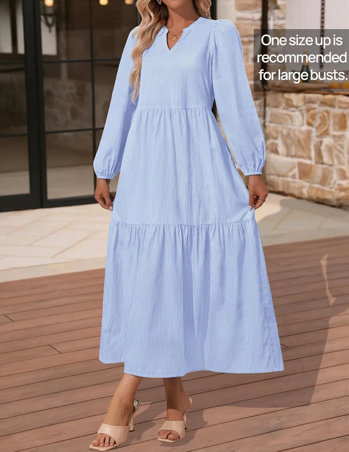 NENONA Women's 2025 Striped Long Sleeve Spring Maxi Dress V Neck Casual Flowy Lightweight Beach Vacation Dresses with Pockets