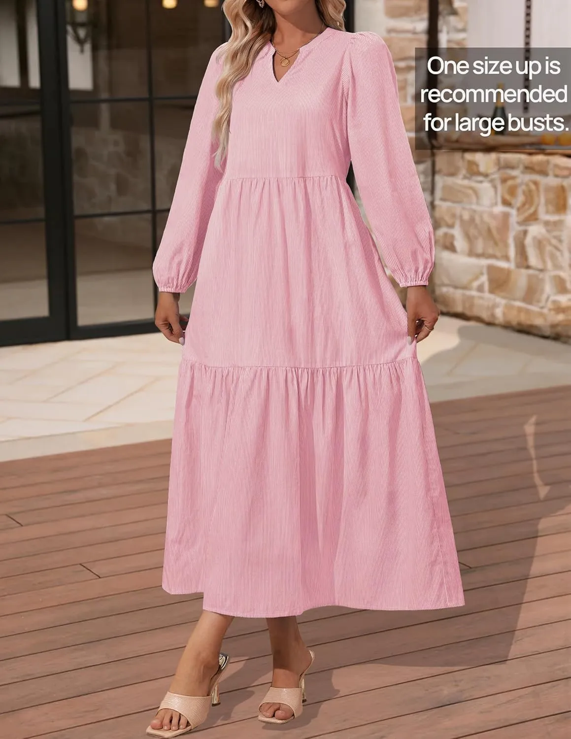 NENONA Women's 2025 Striped Long Sleeve Spring Maxi Dress V Neck Casual Flowy Lightweight Beach Vacation Dresses with Pockets