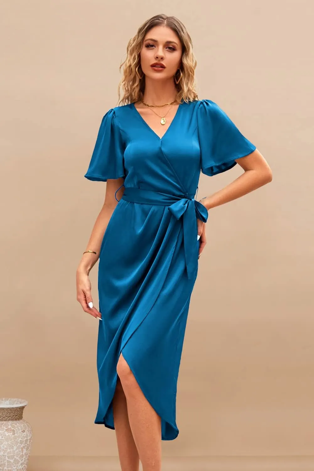 Newshows Women's 2023 Satin Short/Long Sleeve Cocktail Midi Dress Belted Ruched Slit Formal Wedding Guest Dresses