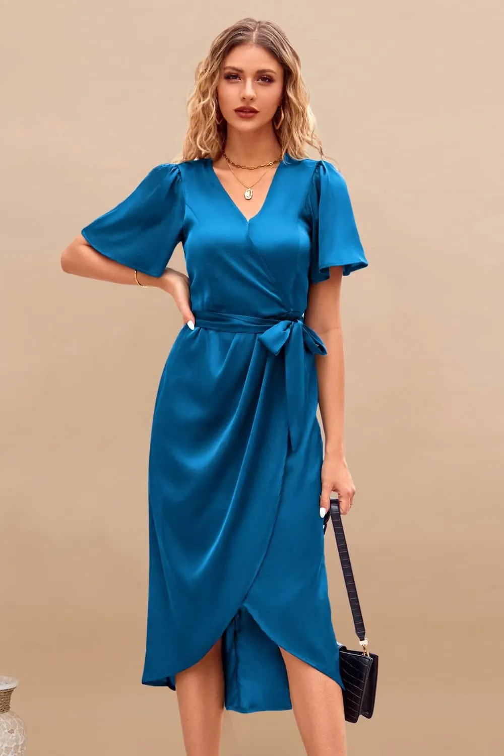 Newshows Women's 2023 Satin Short/Long Sleeve Cocktail Midi Dress Belted Ruched Slit Formal Wedding Guest Dresses