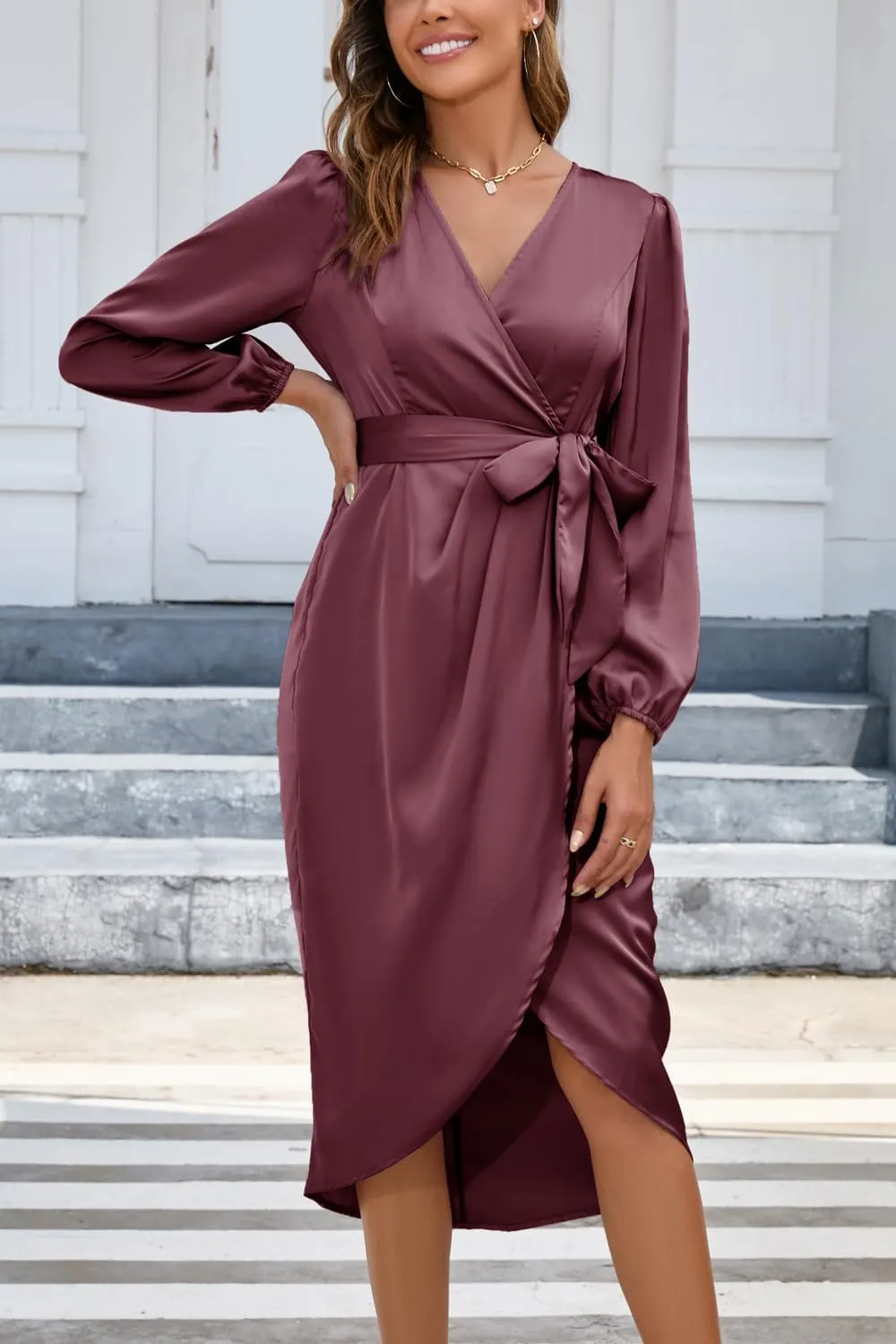 Newshows Women's 2023 Satin Short/Long Sleeve Cocktail Midi Dress Belted Ruched Slit Formal Wedding Guest Dresses