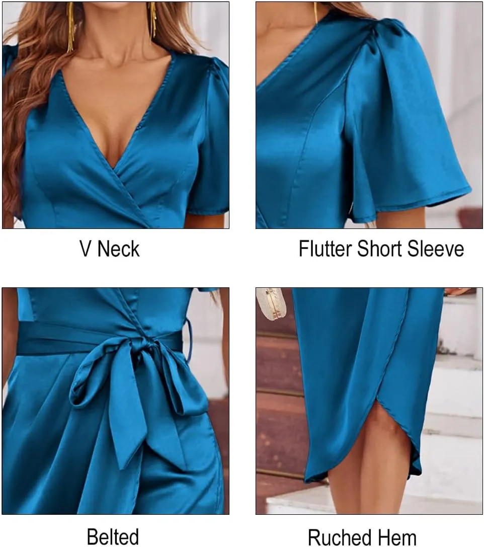 Newshows Women's 2023 Satin Short/Long Sleeve Cocktail Midi Dress Belted Ruched Slit Formal Wedding Guest Dresses