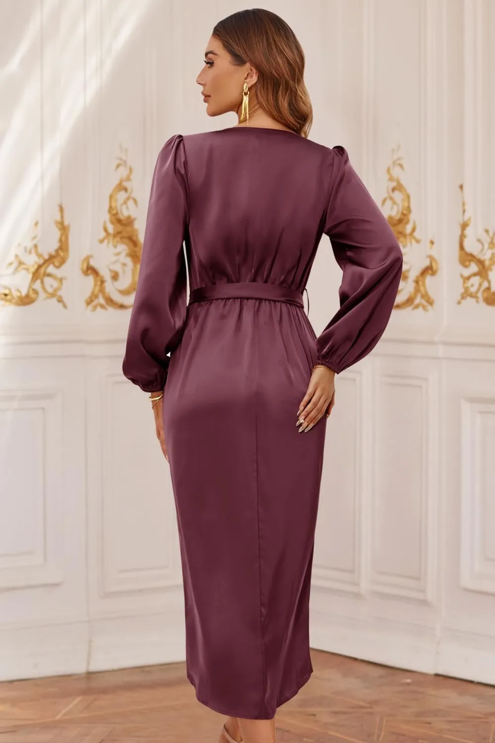 Newshows Women's 2023 Satin Short/Long Sleeve Cocktail Midi Dress Belted Ruched Slit Formal Wedding Guest Dresses
