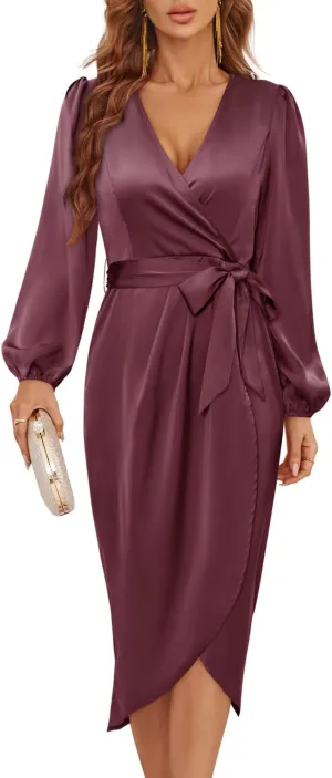 Newshows Women's 2023 Satin Short/Long Sleeve Cocktail Midi Dress Belted Ruched Slit Formal Wedding Guest Dresses