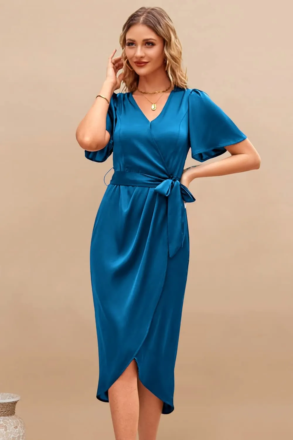 Newshows Women's 2023 Satin Short/Long Sleeve Cocktail Midi Dress Belted Ruched Slit Formal Wedding Guest Dresses