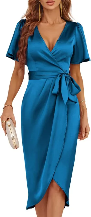 Newshows Women's 2023 Satin Short/Long Sleeve Cocktail Midi Dress Belted Ruched Slit Formal Wedding Guest Dresses