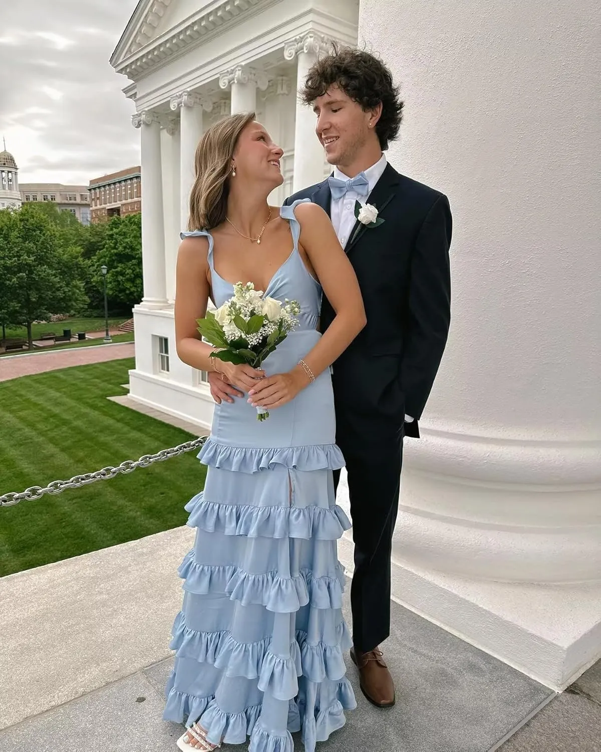 NLQ Tiered Satin Prom Dresses for Women Spaghetti Straps Ruffles Formal Bridesmaid Evening Gown Slit JYH38