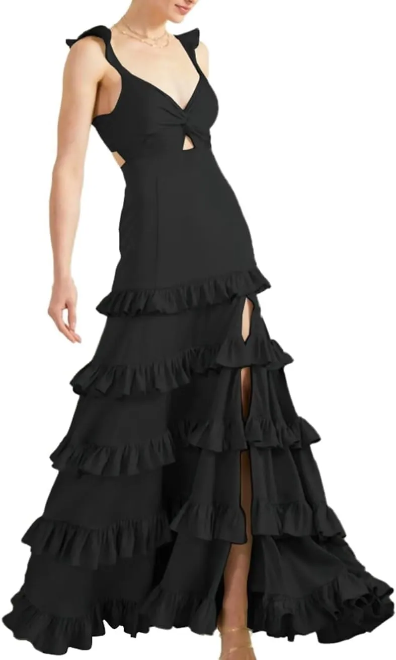 NLQ Tiered Satin Prom Dresses for Women Spaghetti Straps Ruffles Formal Bridesmaid Evening Gown Slit JYH38