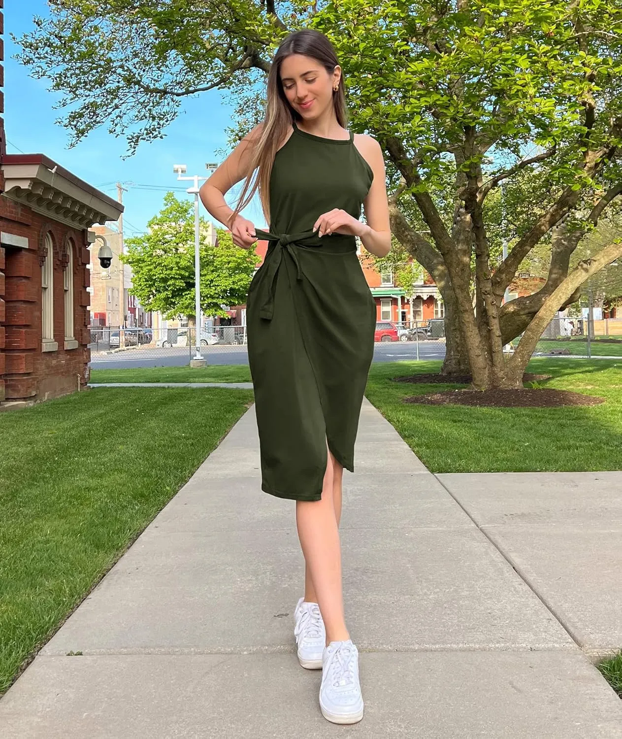 NOLLSOM Women Casual Sleeveless Striped Tank Midi Dresses Halter Neck Ruched Bodycon Dresses Tie Waist T Shirt Summer Dress