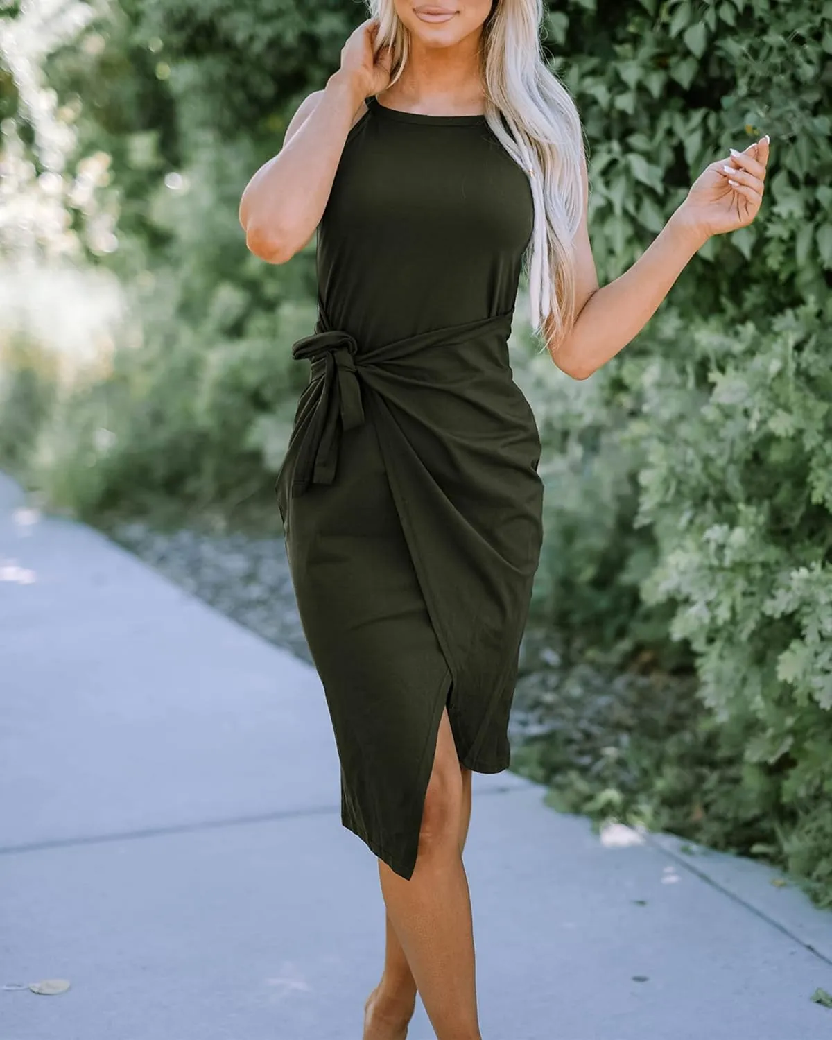 NOLLSOM Women Casual Sleeveless Striped Tank Midi Dresses Halter Neck Ruched Bodycon Dresses Tie Waist T Shirt Summer Dress