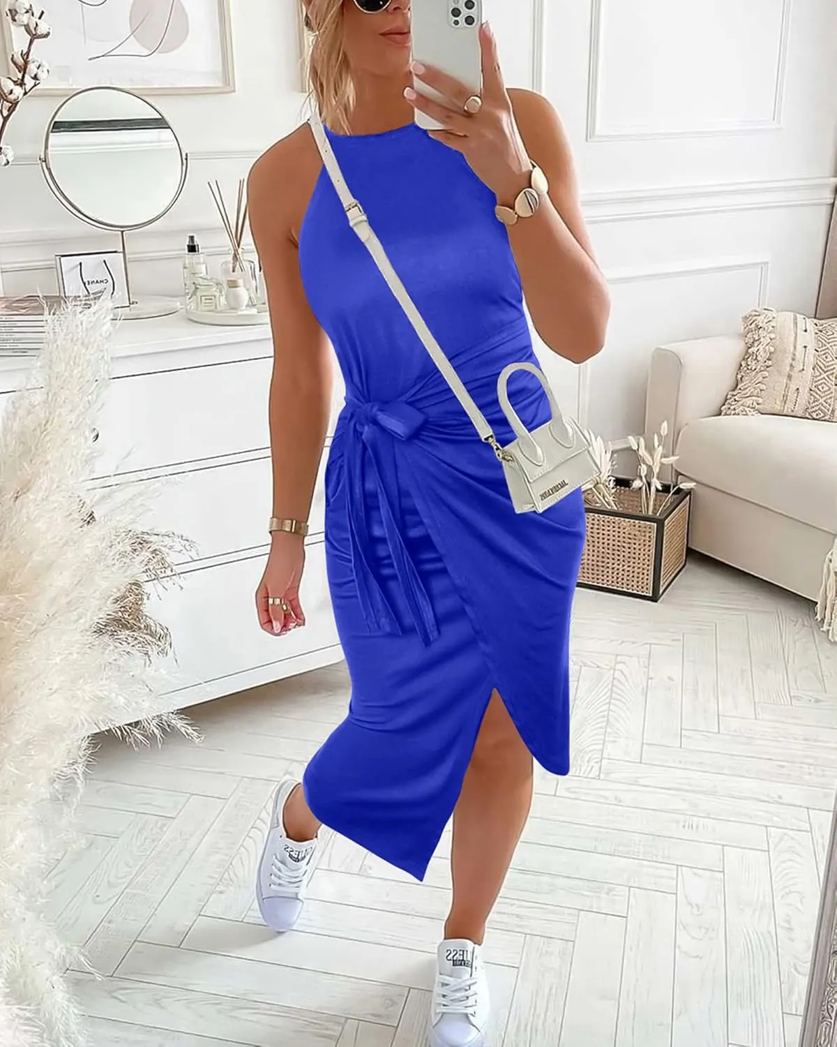 NOLLSOM Women Casual Sleeveless Striped Tank Midi Dresses Halter Neck Ruched Bodycon Dresses Tie Waist T Shirt Summer Dress