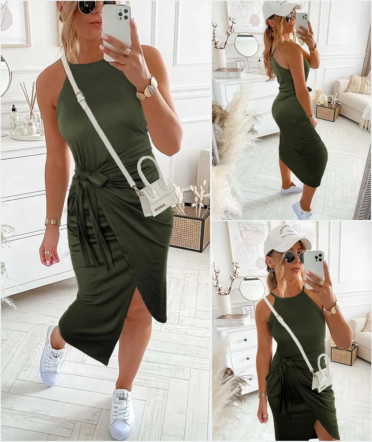 NOLLSOM Women Casual Sleeveless Striped Tank Midi Dresses Halter Neck Ruched Bodycon Dresses Tie Waist T Shirt Summer Dress