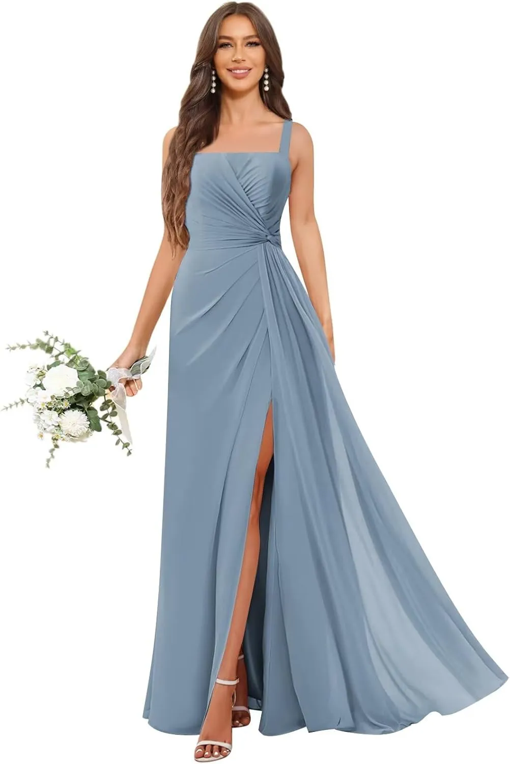 OFEECHUN Chiffon Square Neck Bridesmaid Dresses for Women Long Pleated Formal Evening Gowns with Slit